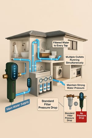 A premium hi-flow main water line filter cartridge installed in a residential Australian property